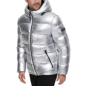 CALVIN KLEIN Mens S High Shine Silver Metallic Hooded Puffer Jacket NWT NLA $250